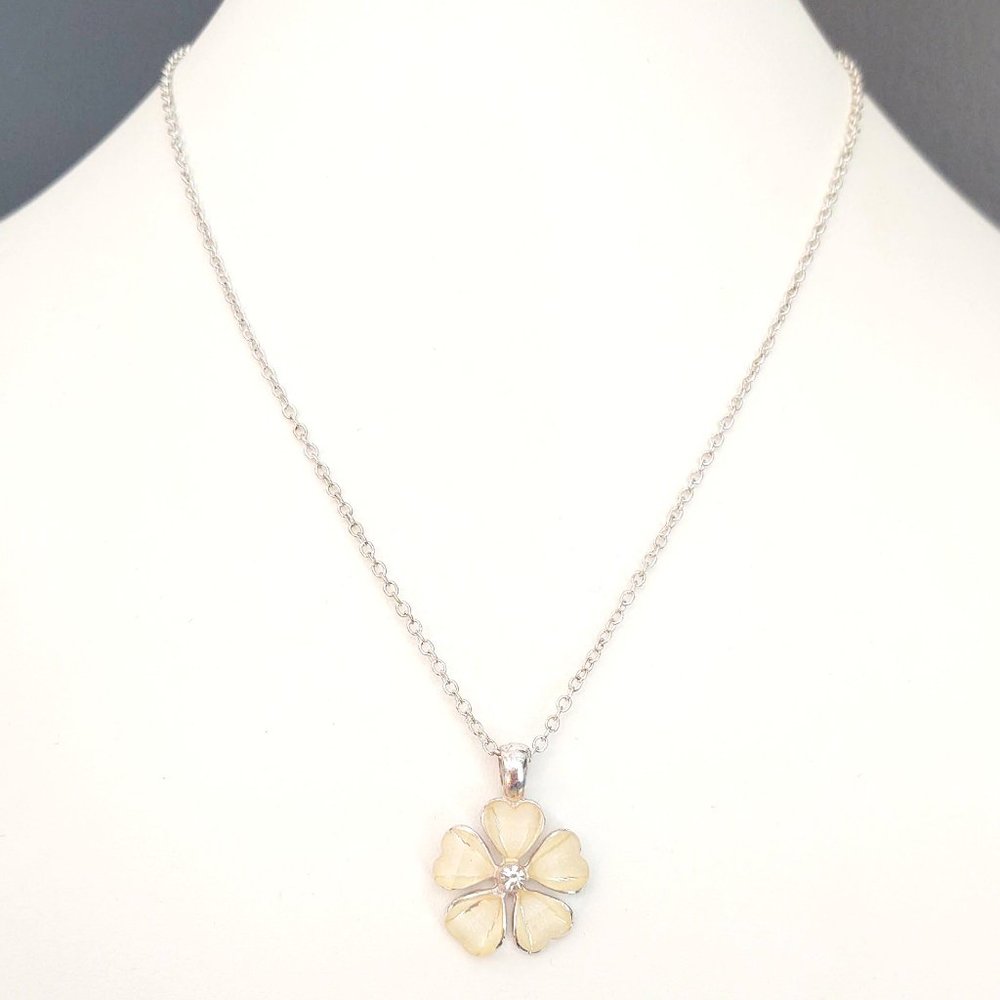 Cream flower pendant necklace with cz center and silver accents